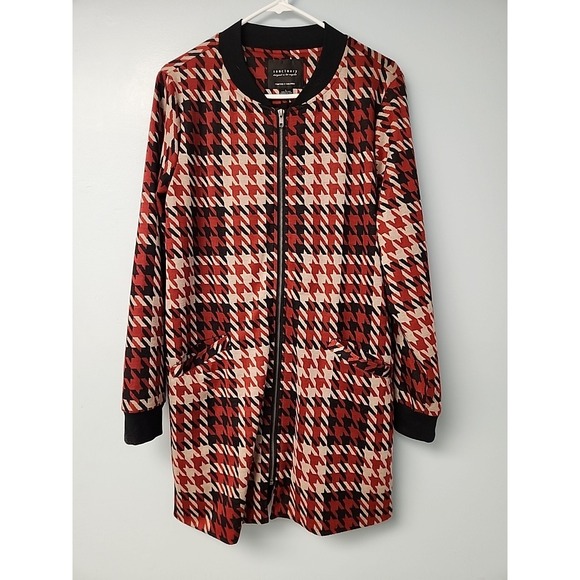 SANCTUARY Womens L Red Black Plaid Houndstooth‎ Full Front Zip Shacket - Picture 1 of 8